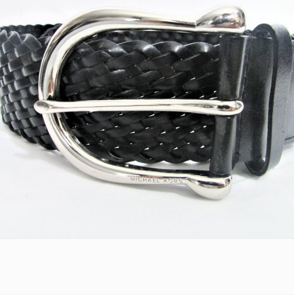 MICHAEL KORS Blk Braided Bonded Leather Belt Large Shiny Silver Buckle 2\